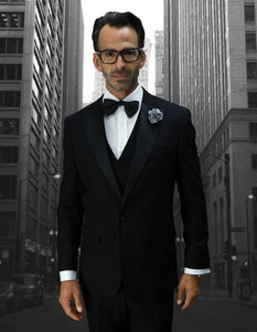 Mens 1 Button Peak Lapel Vested Wool Tuxedo in Black - Men's Tuxedo USA