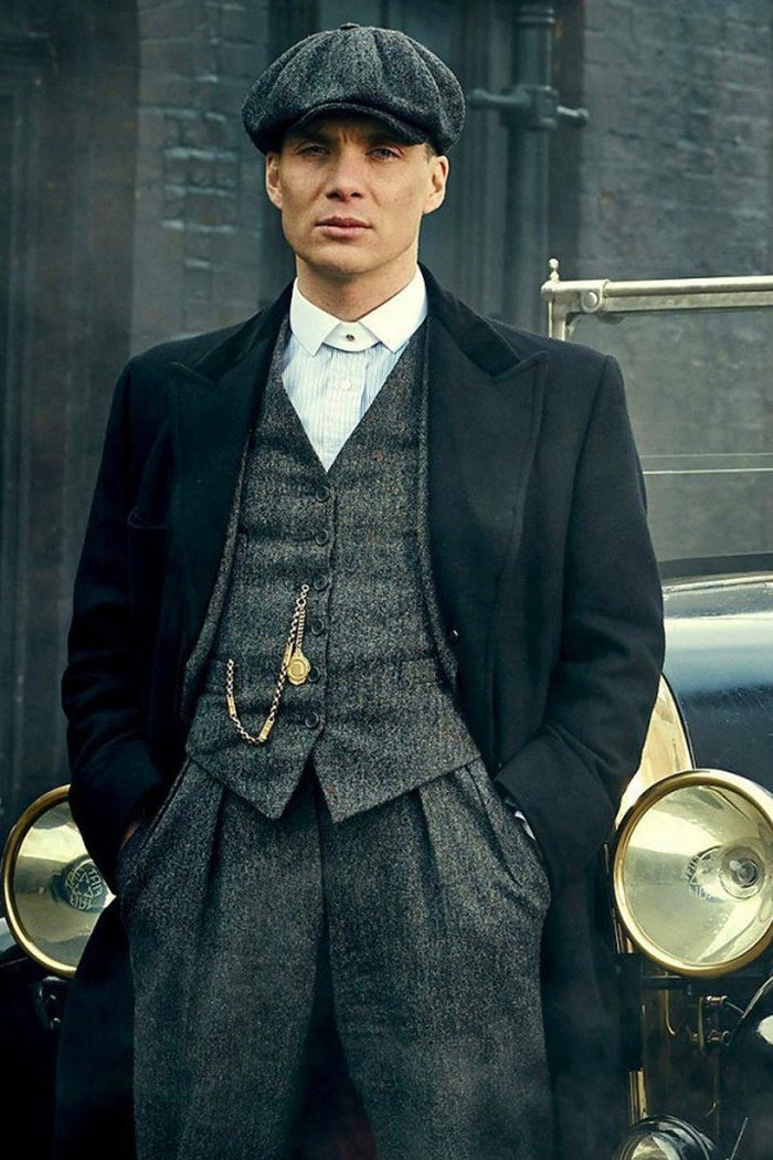Mens Peaky Costume Thomas Shelby Grey 3 Piece Suit with Black Overcoat & Hat