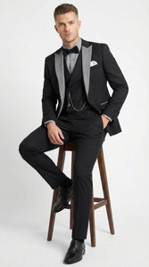 Men’s Black And White Lapel 3 Piece Tuxedo Suit with Silver Gray Satin Lapel | Formal Wedding Prom Suit Set