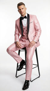 Men’s Blush Pink Shiny 3 Piece Suit with Black Shawl Lapel | Light Pink Prom Suit Sharkskin Fabric - Ultra Slim Fit