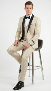 Men’s Champagne Beige Shiny Tuxedo 3 Piece Suit with Black Shawl Lapel | Formal Wedding Prom Suit Set in Sand Light Tan Color
