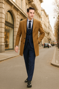 Men’s Camel Brown Wool Overcoat – Classic Long Dress Coat for Business and Casual Wear in Vecuna Color