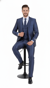Men’s Navy Blue Shiny Finish 3-Piece Suit Set – Premium Tailored Fit Formal Wedding and Party Sateen Slim Fitted Suit