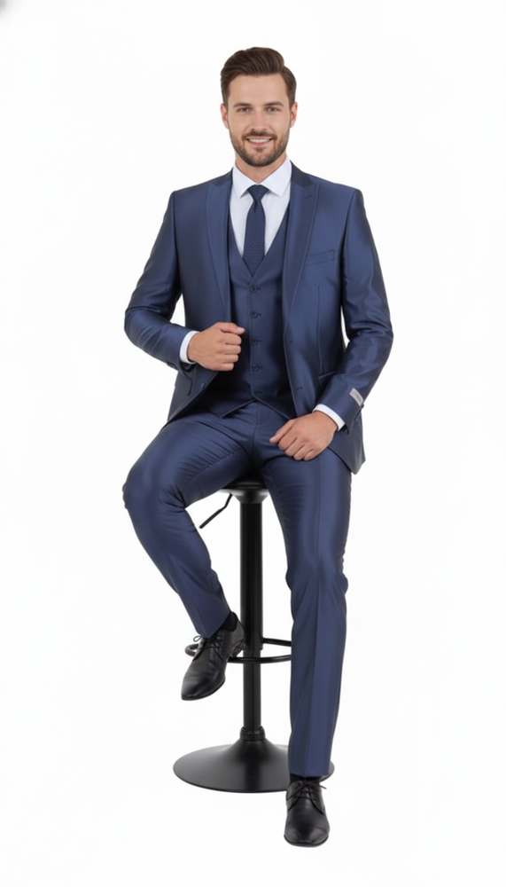 Men’s Navy Blue Shiny Finish 3-Piece Suit Set – Premium Tailored Fit Formal Wedding and Party Sateen Slim Fitted Suit