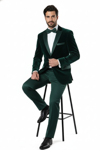 Men’s Dark Green Velvet Tuxedo Dinner Jacket – Slim Fit Formal Blazer with Satin Peak Lapel Lape