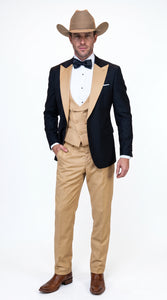 Men's Western Khaki Cowboy Tuxedo Suit – Black & Tan Beige  Peak Lapel 3-Piece Vested Formal Cowboy Suit