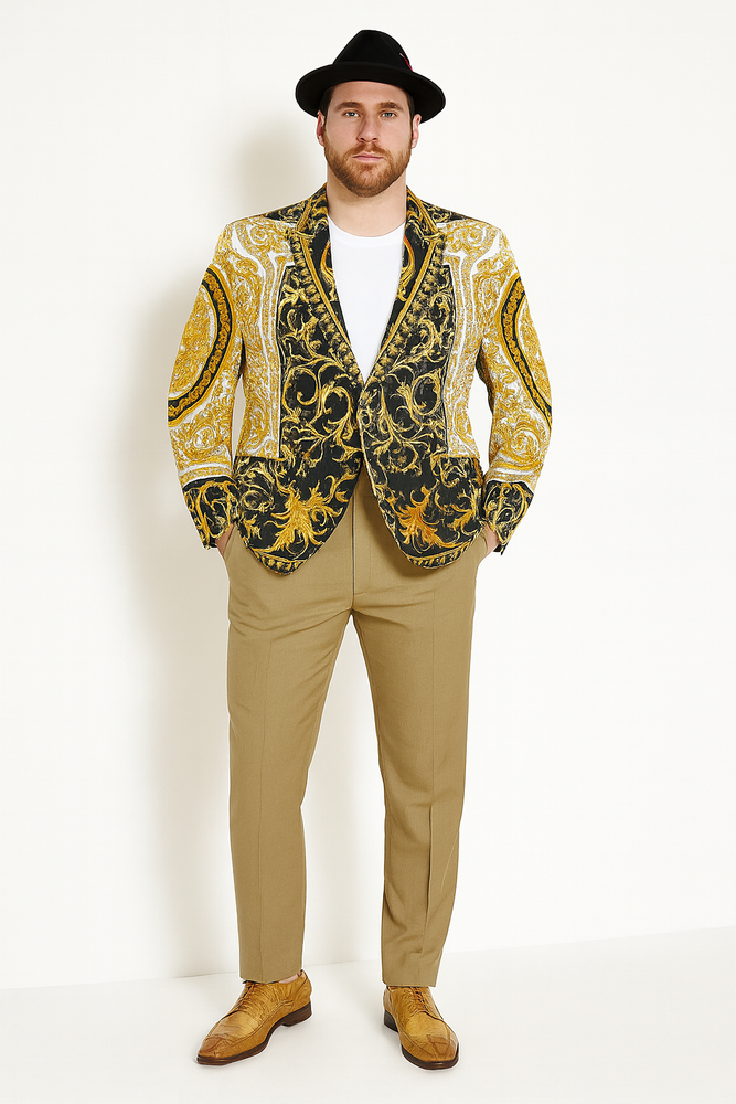 Men’s Black and Gold Baroque Blazer with Matching Pants, Hat, and Shoes – Luxury Party and Wedding Outfits Set