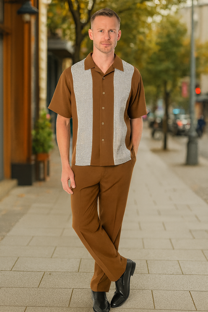 Men’s Cognac Tan Two-Piece Outfit – Short Sleeve Button-Up Shirt and Pants Set
