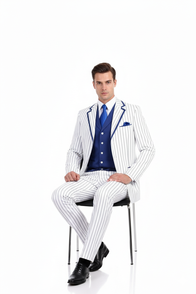 Men’s White and Royal Blue Pinstripe 3-Piece Suit – Classic Fit Blazer with Vest, Pants, and Tie