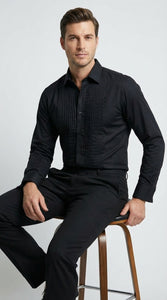 Men’s Black Pleated Tuxedo Dress Shirt | Formal Laydown Collar Button-Up Shirt for Weddings & Black Tie By Tiglio
