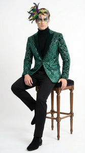 Mens Emerald Green Mardi Gras Blazer with Black Satin Lapel – Paisley Swirl Pattern Formal Party Jacket