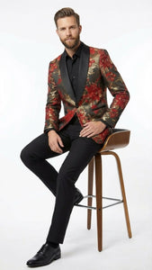 Men’s Red and Gold Floral Pattern Paisley  Shawl Lapel | Luxury Evening and Party Wear Jacket Prom Christmas New Year Blazer