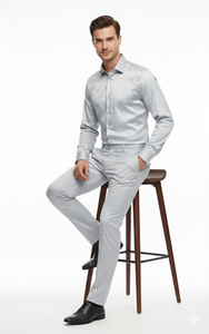 Men’s Silver Satin Dress Shirt and Pants Set – Luxury Slim Fit Outfit for Parties, Weddings, and Formal Events