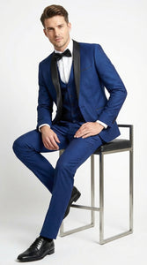 Men’s Shiny Sharkskin Saphire Royal Blue Tuxedo 3 Piece Suit with Black Shawl Lapel | Formal Wedding Prom Suit Shiny Fabric