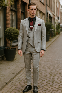 Men’s 3-Piece Light Grey Pinstripe Suit with Vest – Classic Business, Wedding, and Formal Attire