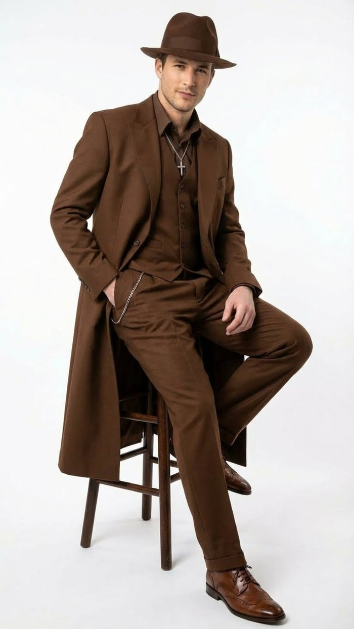 Men’s Brown 1920s Zoot Suit – Long Gangster Mafia Suit Vintage Three-Piece Costume Set Pachuco Style
