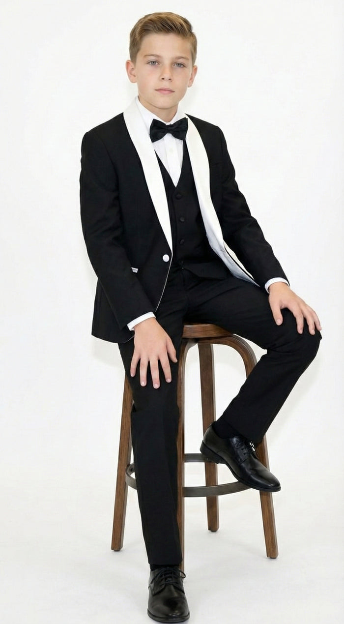 Boys Black Tuxedo Suit with White Shawl Lapel and Bow Tie | Formal Wedding & Prom Outfit Set