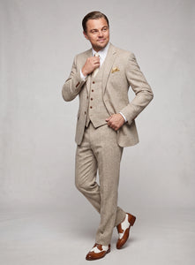 Men’s Light Tan Tweed Great Gatsby 3 Piece Suit – Vintage Vested Wedding Suit, 1920s Classic Formal Outfit Herringbone
