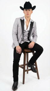 Men’s Light Gray Cowboy Tuxedo with Black Satin Lapel – Western Formal Suit with Double Breasted Vest