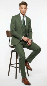 Men’s Forest Green Three Piece Suit – Double Breasted Vest Formal Wedding and Business Suit Set Olive Green Slim Fit