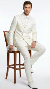 Men’s Ivory Double Breasted Tuxedo Dinner Jacket – Textured Blazer Paisley Texture Pattern in Off White Cream Color + Bowtie
