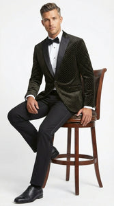 Men’s Black Velvet Dinner Jacket Blazer with Satin Lapel – Formal Evening Tuxedo Style Jacket Polk Dots Pattern + Free bowtie