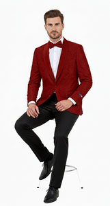 Big and Tall Men’s Burgundy Paisley Tuxedo Jacket – Satin Shawl Lapel Blazer with Bow Tie for Weddings, Proms, and Special Events