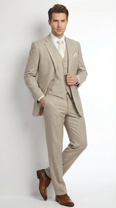 Men’s Tan Pinstripe Three Piece Suit – Classic Fit Pleated Pants  Tan Sand Beige Wedding, Church Shadow Ton on Tone  Business Suit for Men