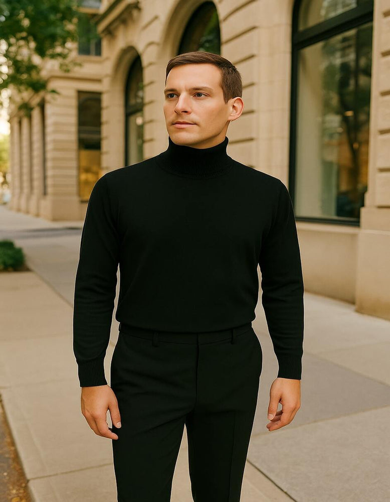 Men's Black Turtleneck Sweater – Classic Slim Fit Knit Pullover for Winter Layering