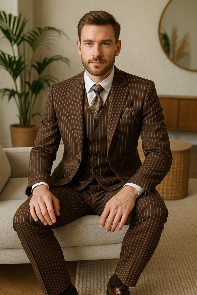 Men’s Brown Pinstripe 3-Piece Suit – Classic Fit Business Suit with Vest & Notch Lapel Blazer