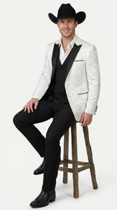 Men’s White Paisley Cowboy Tuxedo with Black Satin Lapel – Western Formal Wedding Suit Jacket