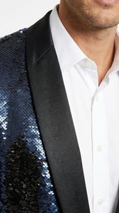 Men’s Navy Sequin Blazer – Navy Blue Sparkle Sequin Formal Blazer with Satin Lapel for Prom, Party and Evening Events