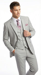 Men’s Light Gray 3 Piece Suit – Ice Silver Gray Formal Suit Set with Vest, Patterned Lapel and Tie for Wedding, Prom and Business Events