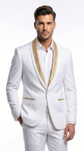 Men’s White and Gold Lapel 2-Piece Tuxedo Suit with Gold Glitter Shawl Lapel – Wedding, Prom and Dinner Jacket