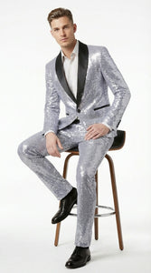 Mens Silver Grey Sequin Tuxedo Suit – Shiny Wedding Suit Set with Black Lapel for Prom, Party, Gala and Formal Evening Wear