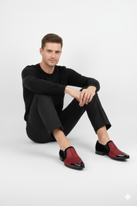 Men’s Red Glitter Tuxedo Loafers – Shiny Slip-On Dress Shoes with Black Patent Toe for Parties and Formal Events