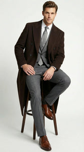 Men’s Brown Long Overcoat – Double Breasted Classic Formal Winter Coat for Business, Topcoat and Cold Weather Wear