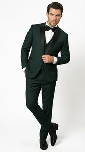Men’s Hunter Green Tuxedo Suit 3 Piece – One Button Peak Lapel Designer Formal Suit for Wedding,  Light Weight Wool By Statement Dark Green