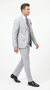 Men’s Light Grey Sharkskin 3 Piece Suit – Two Button Vested Modern Formal Business Suit for Wedding in silver Ice Gray