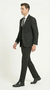 Men’s Black Pinstripe 3 Piece Suit – Vested Formal Business Suit for Wedding, Office, Prom and Party Wear
