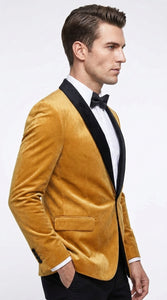 Men’s Velvet Gold Tuxedo Dinner Jacket – Black Shawl Lapel Wedding & Prom Blazer