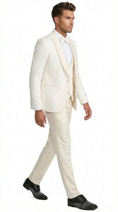 Men’s Ivory Paisley Tuxedo Suit 3 Piece – One Button Vested Satin Formal Suit for Wedding in Off white Cream Color