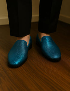 Men's Turquoise Blue Sequin Glitter Loafers – Sparkling Slip-On Party Dress Shoes for Prom, Weddings, and Nightlife
