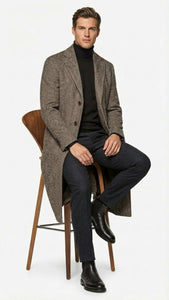 Men’s Black & Grey  Herringbone Tweed Wool Blend Overcoat – Classic Single-Breasted Winter Blazer Carcoat