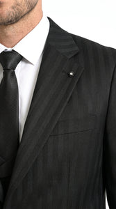 Men’s Black Tonal Shadow Pinstripe Vested Suit – 3 Piece Classic Fit Formal Wedding & Business Suit By Vitali