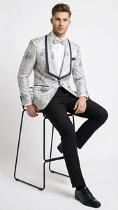 Men’s White and Navy Blue Lapel  Floral Jacquard Blazer with Contrast Shawl Lapel – Luxury Wedding and Party Wear Jacket paisley Tuxedo Navy Pants