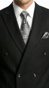 Men’s Black Pinstripe Double Breasted Suit – Peak Lapel Classic Fit Formal Business Conservative settle stripe