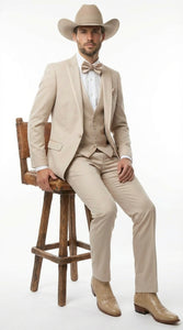 Mens Beige Tan Khaki CowboyTuxedo Suit – Western Formal Three Piece Suit with Jacket Vest and Pants