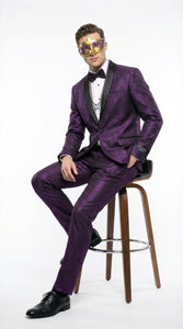 Mens Purple Shimmer Mardi Gras Suit with Black Satin Lapel – Shiny Metallic Formal Party and Carnival Suit Sequin Look