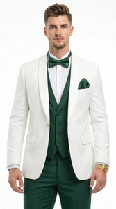 Men’s White and Hunter Green 3 Piece Suit – Elegant Formal Suit with Vest, Wedding Tuxedo Suit for Prom and Party Wear